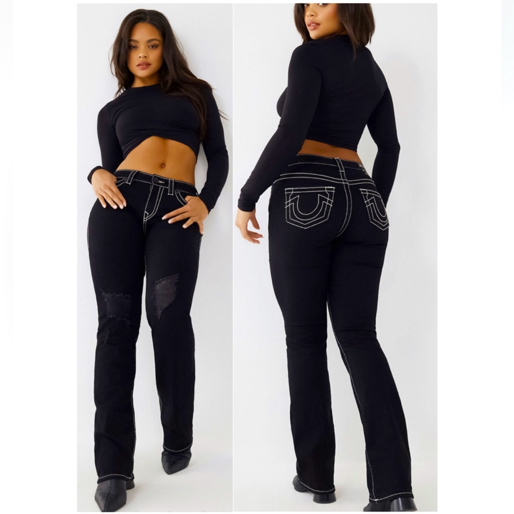 True Religion Becca Big T Mid-Rise Western Bootcut Jeans Black Rinse Destroyed